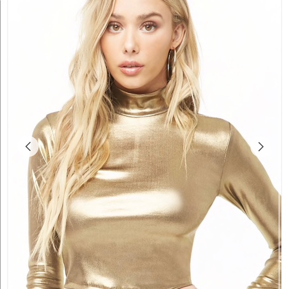 New Gold Metallic Mock Neck Crop Top - Picture 2 of 9